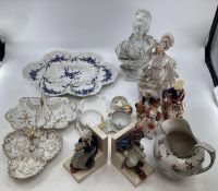 A mixed collection of ceramics to include KPM and Worcester serving dishes, a blanc de chine bust of