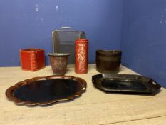 A collection of items to include lacquered trays , firescreen, a brass bound bucket and other items.