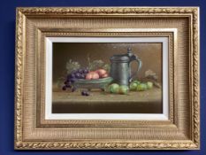 HEASAKERS, oil of board, still life of grapes and tankard, 18cmHx28.5cmW, signed lower right