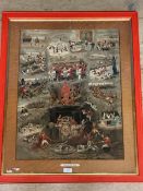 A print montage, "Fox hunters Dream", Good colour, in partial gilt and red coloured, and glazedframe