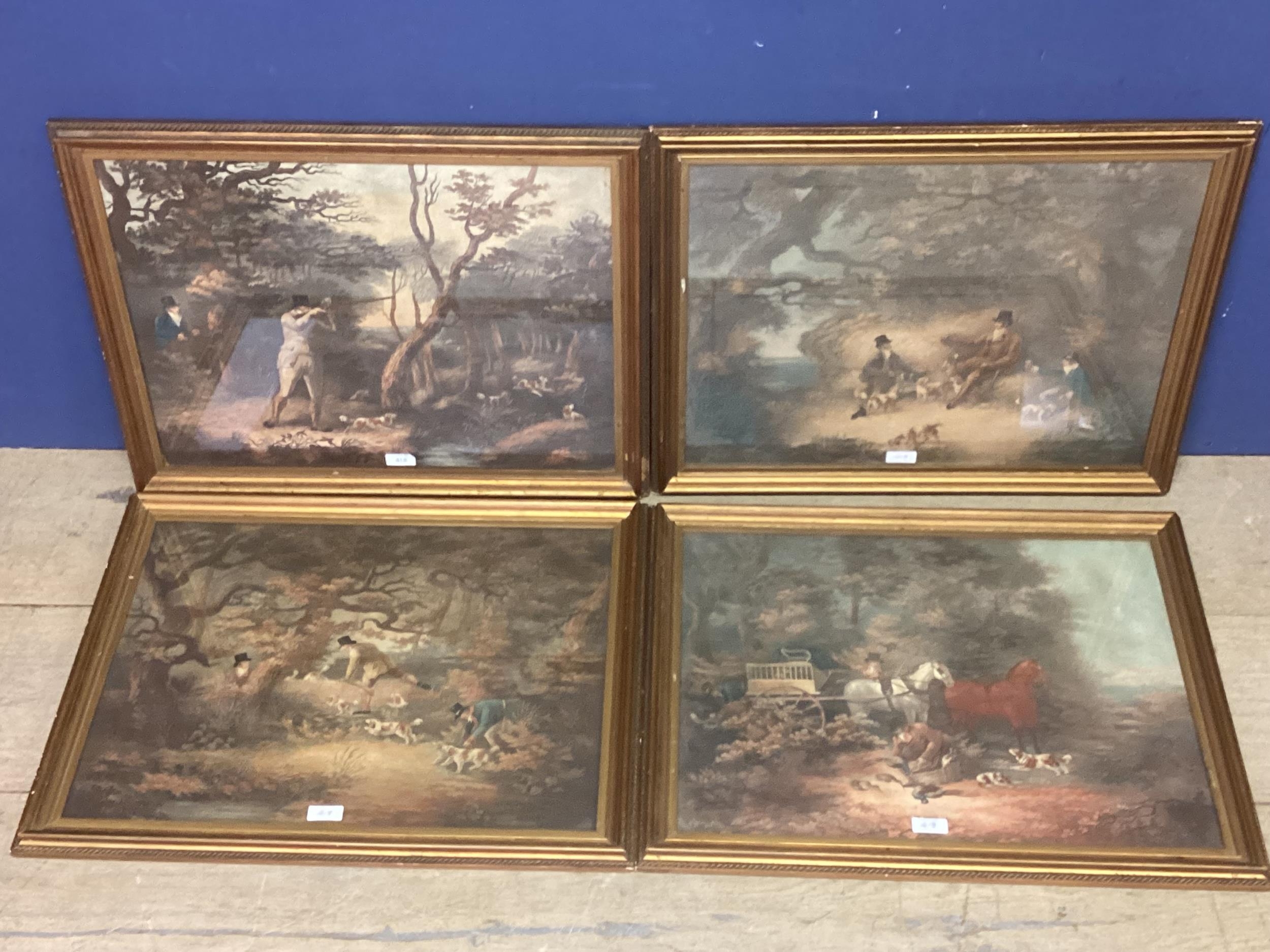 A set of four coloured engravings of shooting and hunting scenes, by D Wolestentholme, 41 x 54.5cm