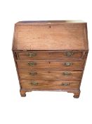 C19th faded mahogany drop front bureau, with four long graduated drawers on plinth base, 93cmw x