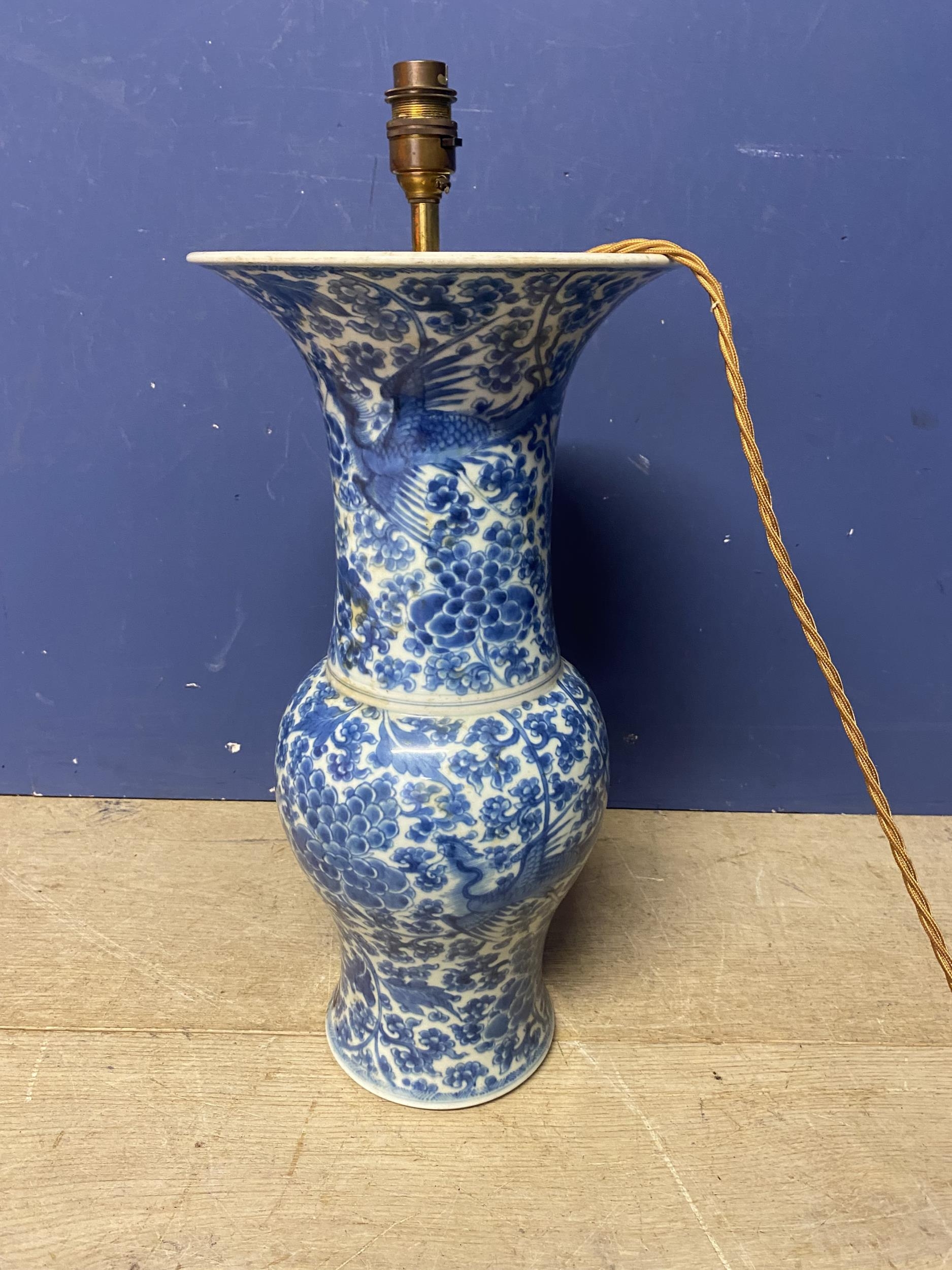 A blue and white Chinese style ceramic lamp, with brass light fitting, not drilled to base, some - Image 3 of 7