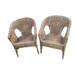Pair of garden/conservatory wicker style arm chairs, some wear to wicker