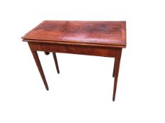 Mahogany and line inlaid fold over card table, with green baize interiors (some wear to interior),