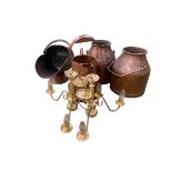 A quantity of copper and brass wares, including scuttle, and branched hanging wall chandeliers