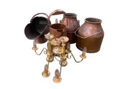 A quantity of copper and brass wares, including scuttle, and branched hanging wall chandeliers