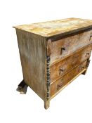 A Large decorative painted Chest of 3 long drawer, as found, with a missing leg to the back,