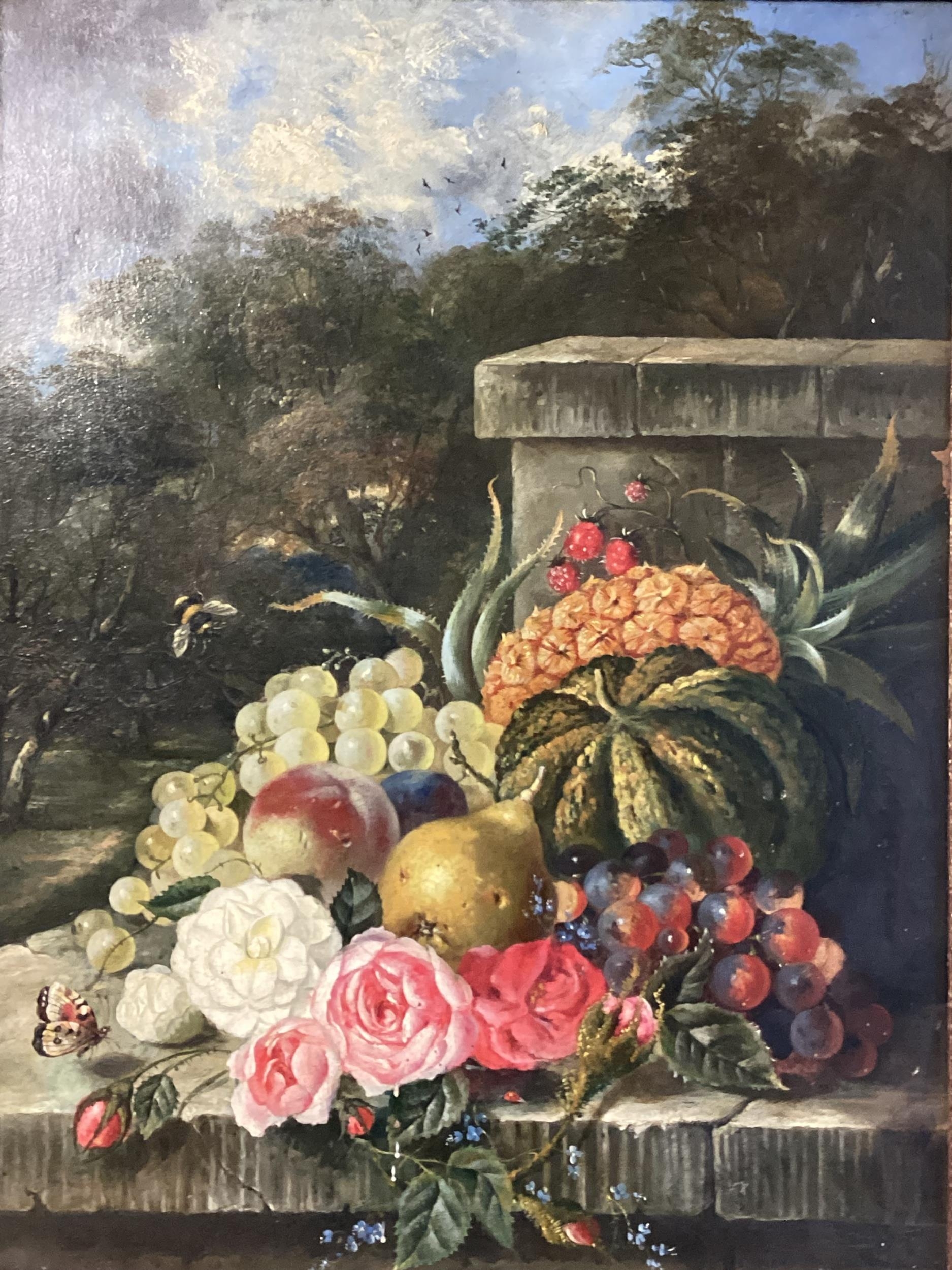 Late C19th oil on canvas still life of flowers, fruit and butterflies, in classical landscape, in - Image 2 of 7