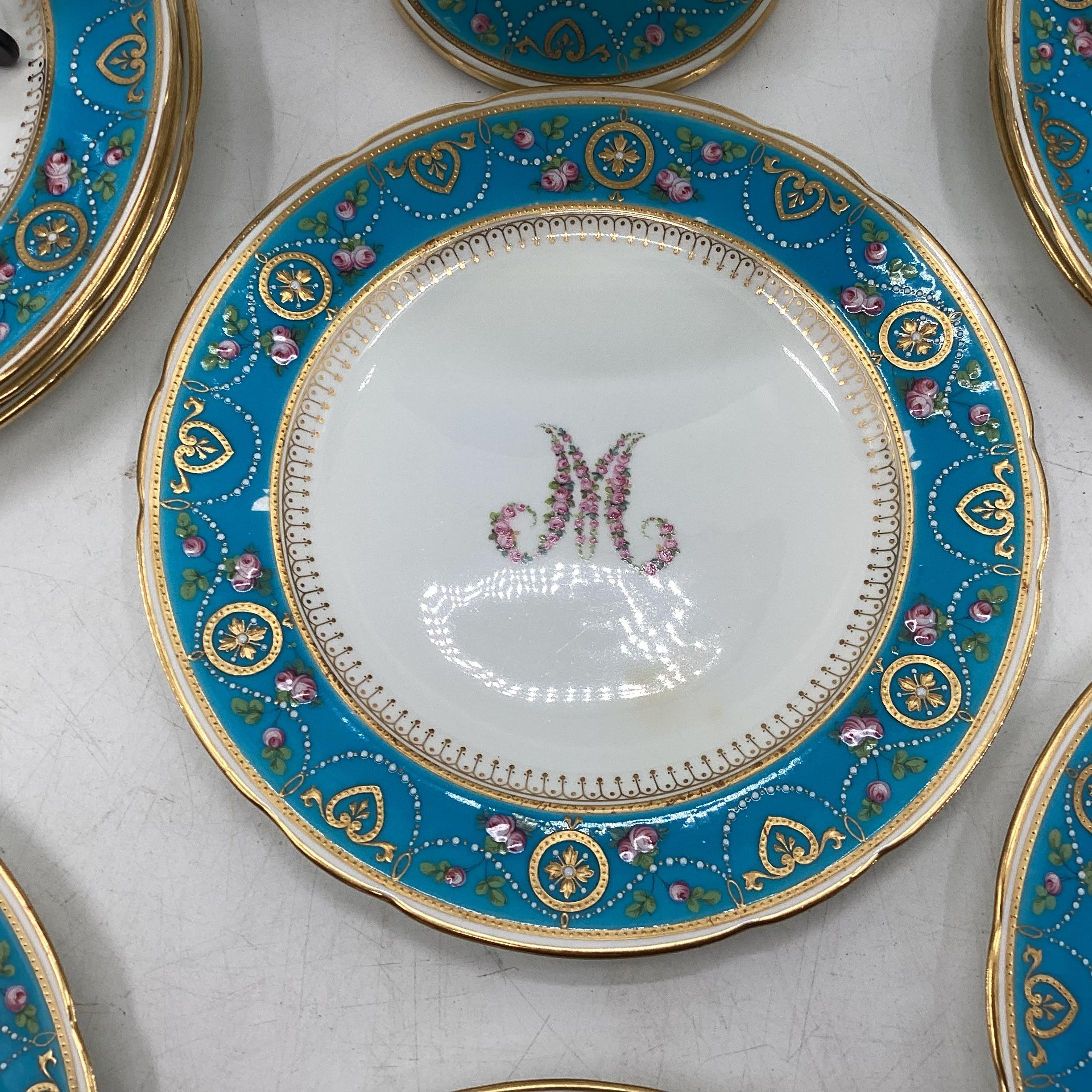 A Minton jewel ware part dining service, Taza(AF) and twelve plates. Retailed by Thomas Goode and Co - Image 4 of 11