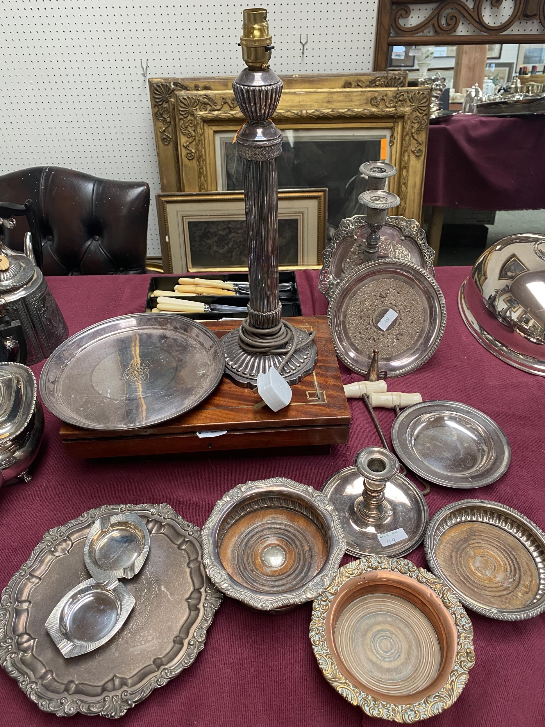 A collection of silver plate to include a column lamp, go to bed , wine coasters etc. - Image 2 of 8
