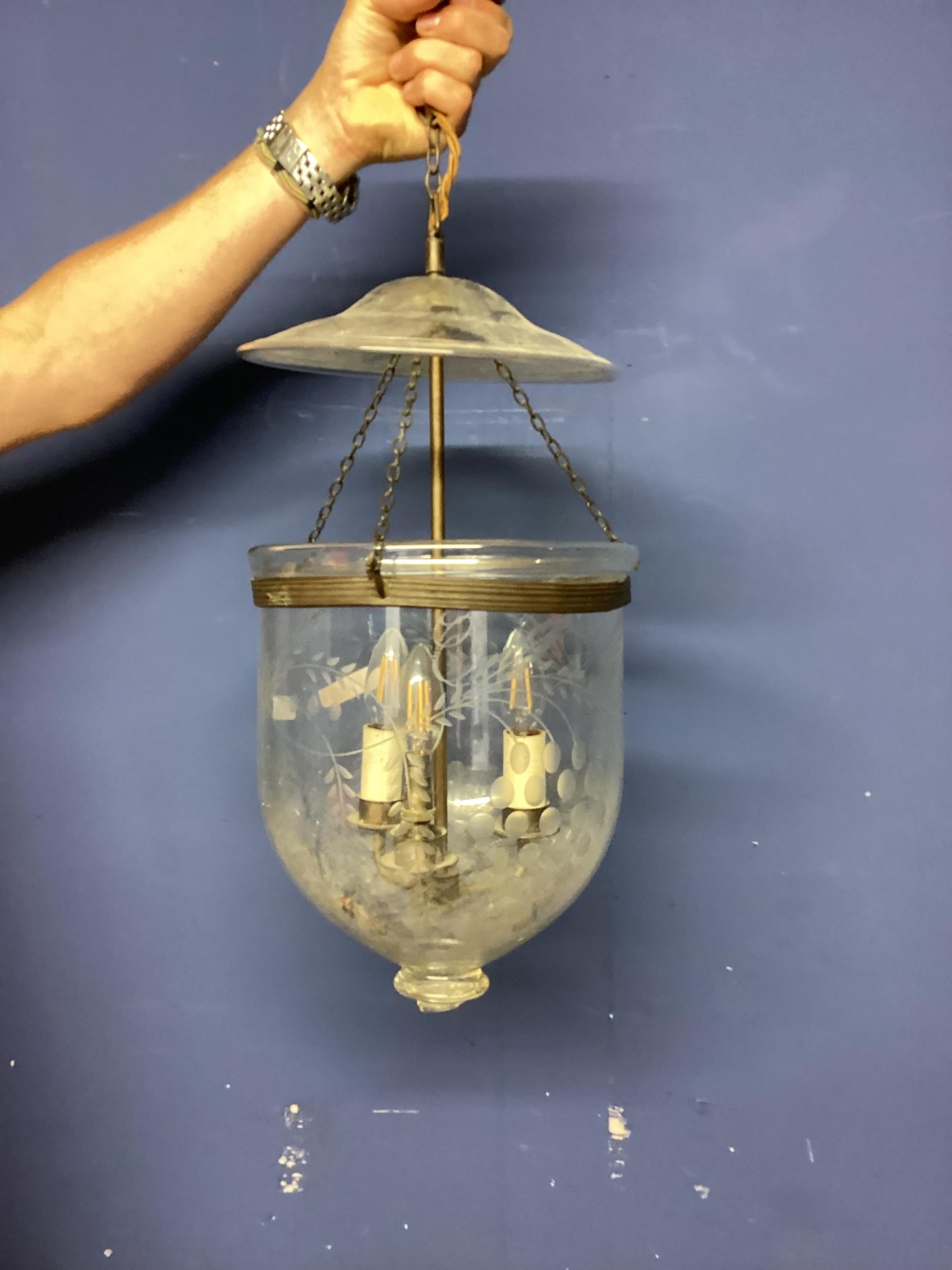 Three rounded glass and metal hanging ceiling lanterns, one with milk glass shade - Image 9 of 17