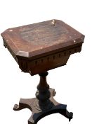 Sewing cabinet on turned pedestal base to quadruped base, very worn, 43W x 35 x 72cmH, and a