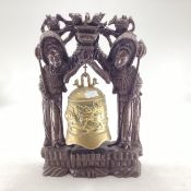 An Oriental temple dragon gong bell in ornate inlaid stand. 46cm (h)