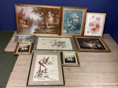 Nine various modern decorative framed pictures of floral interest. To include 2x Large Silk