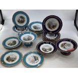 A Minton's part dessert service circa 1870 sea and river scapes in a gilt and turquoise border,