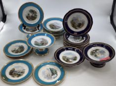 A Minton's part dessert service circa 1870 sea and river scapes in a gilt and turquoise border,