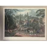 A gilt glazed engraving of a hunting scene, titled to mount, "Hertfordshire, Village Scenery, Hounds