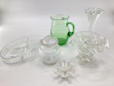 A Collection of moulded glassware to include a ribbon uranium glass lemonade jug and other items,A