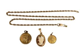A collection of 9ct gold items , a rope twist necklace , two St Christophers and a 9ct mounted cameo