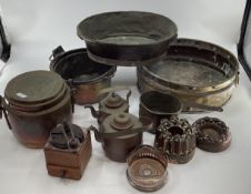 A collection of metalware, copper and brass items.