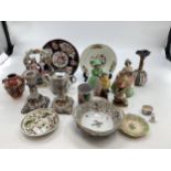 A mixed collection of china to include a cider mug , Staffordshire flatback and other items.