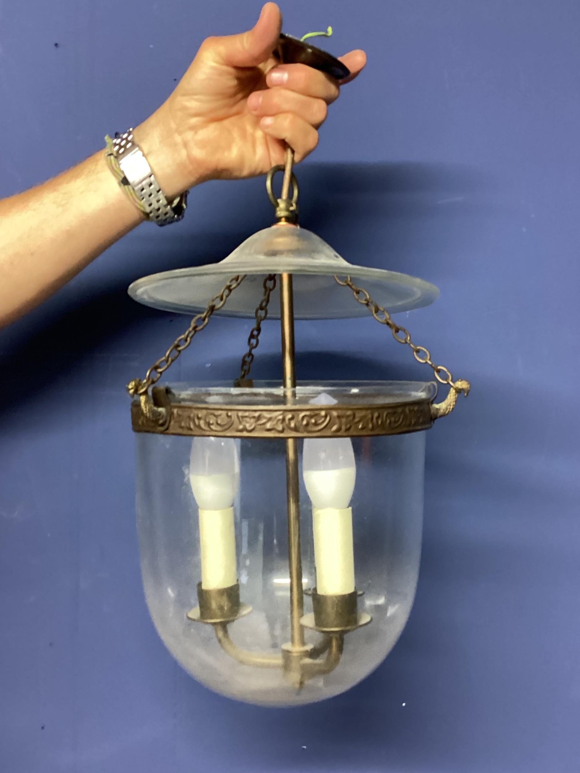 Three rounded glass and metal hanging ceiling lanterns, one with milk glass shade - Image 14 of 17