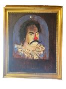 A gilt framed oil on board, of a circus clown, indistinctly signed lower left , signed and dated