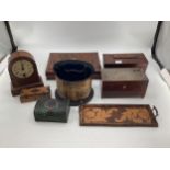 Two mahogany tea caddys, a work tray , sewing box and early 20th marbles in period box and other