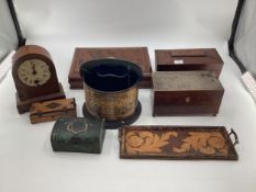 Two mahogany tea caddys, a work tray , sewing box and early 20th marbles in period box and other