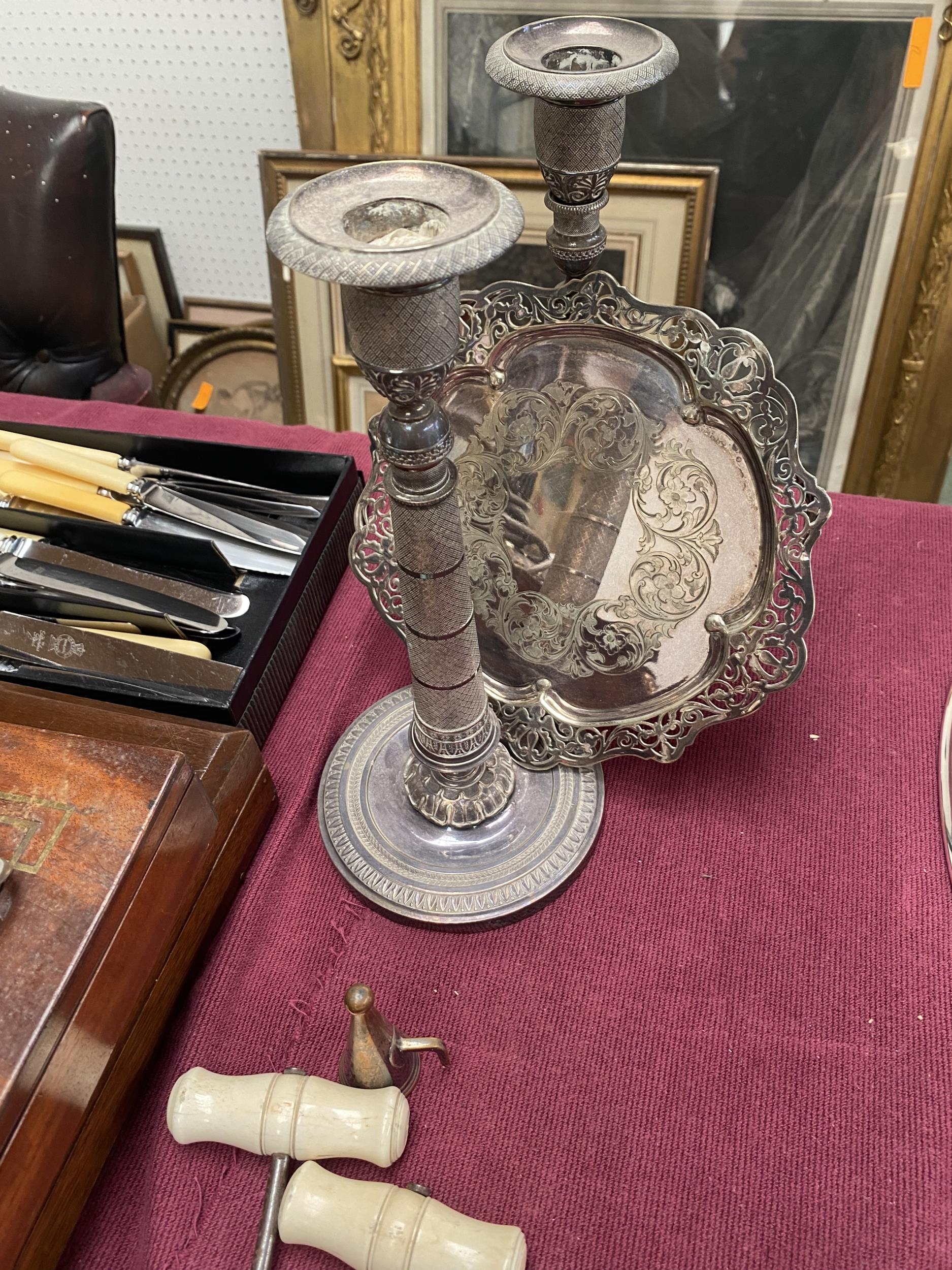 A collection of silver plate to include a column lamp, go to bed , wine coasters etc. - Image 5 of 8