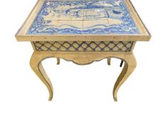 A decorative blue and white painted side table with cabriole legs and tiles to tray top, some