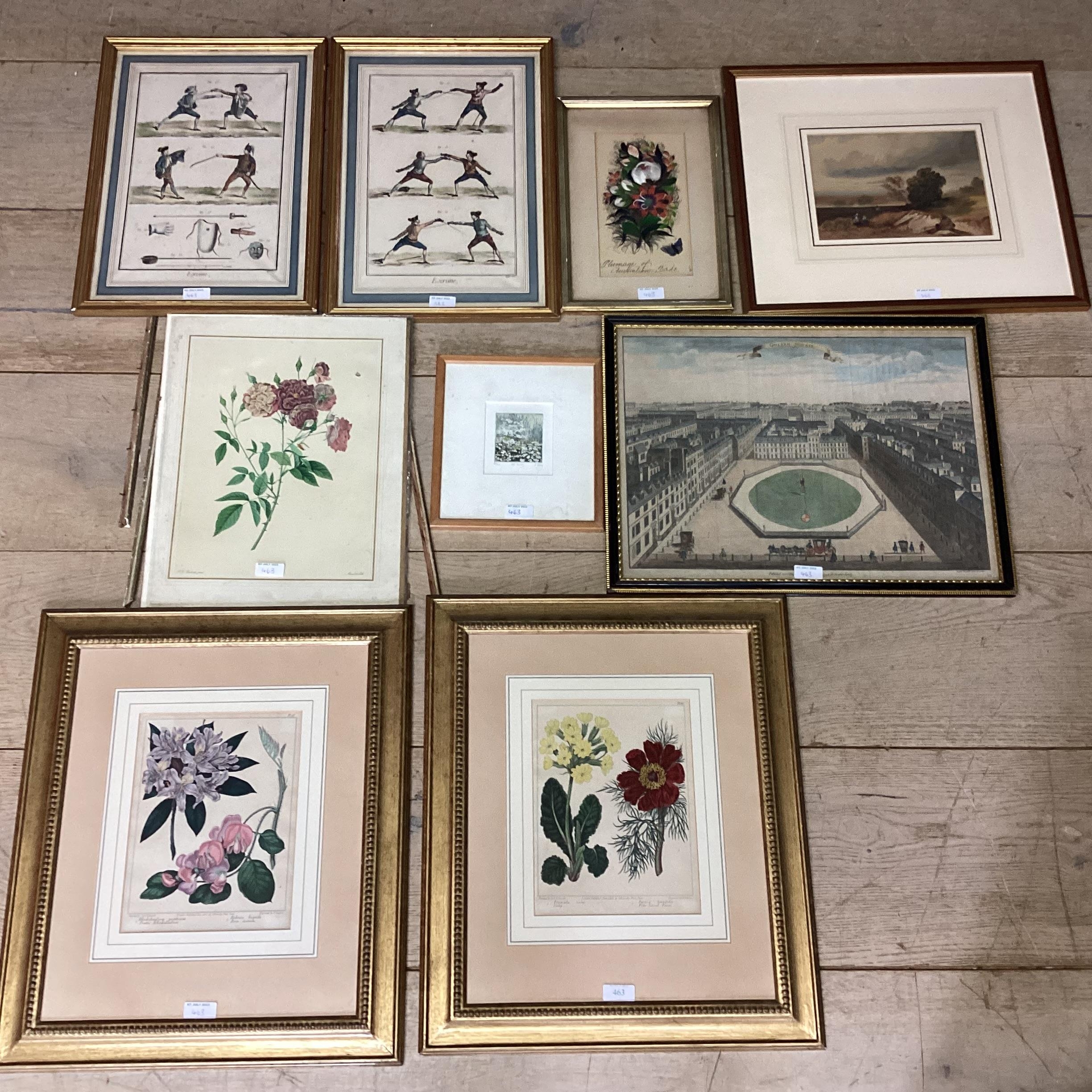 Pair of decorative gilt glazed botanical prints, pair of framed ang glazed fencing prints and a