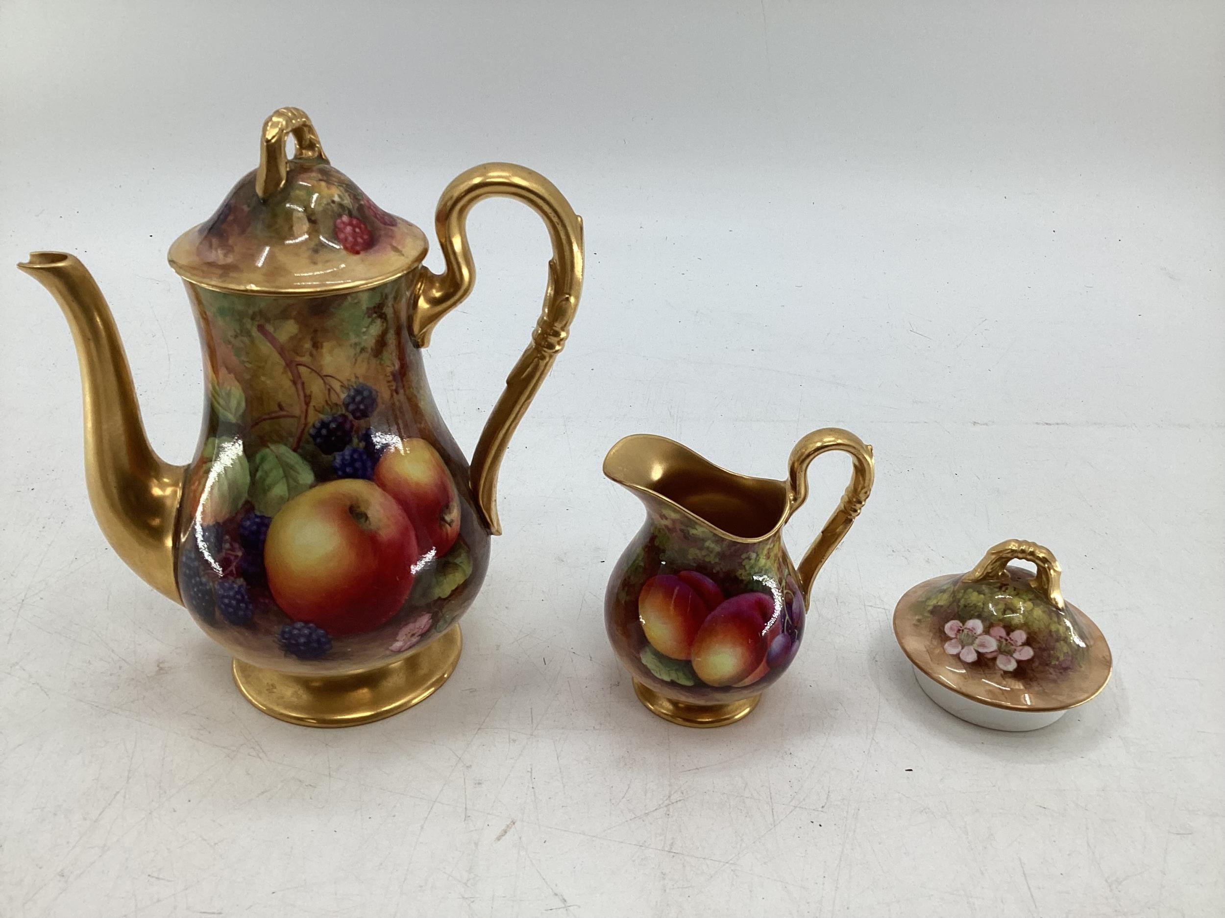 A Royal Worcester part Coffee Service, painted fruits and fauna, to include milk jug, Coffee Pot, - Image 9 of 26