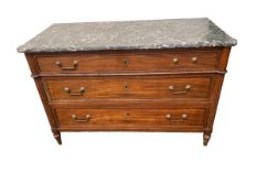 A Continental commode chest of three long drawers, with a marble top, column supports and brass