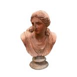 A C19th French terracotta coloured bust of Niobe, 92cmH, see images for condition of nose in
