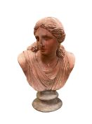 A C19th French terracotta coloured bust of Niobe, 92cmH, see images for condition of nose in