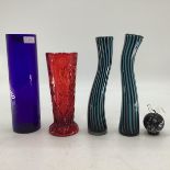 A collection of art glass to include a blue cylinder vase , etched signature to base.