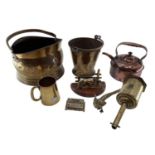 A collection of metalware to include copper kettle, brass bucket and other items