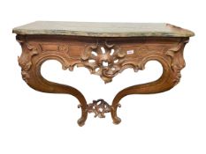 A C19th Continental carved elm console table on curved Rococoo style supports, 95cmw x 44cmd x