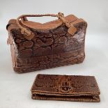 A Tan leather and snakeskin hold all together with a similar ladies clutch bag