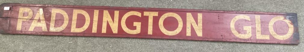 GWR: A wooden station sign in red and gold livery, 164cm "PADDINGTON - GLO"