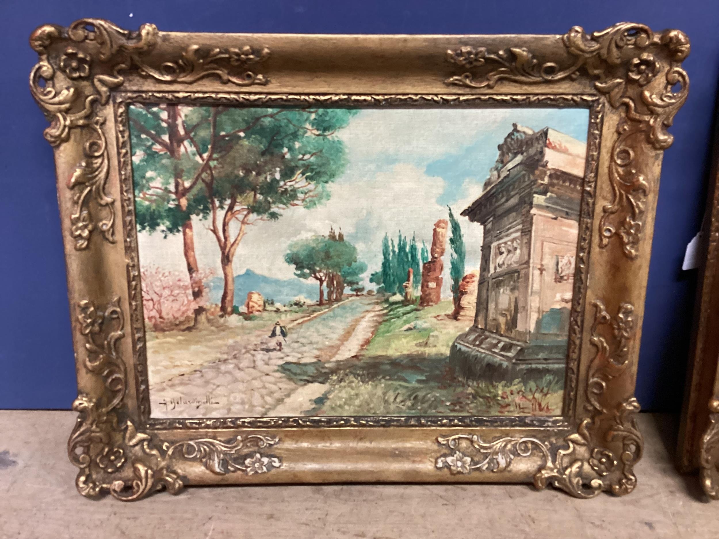 A BELURDINELLI, Italian, Set of three, oil on boards of an Italian garden and Italian city - Image 6 of 8