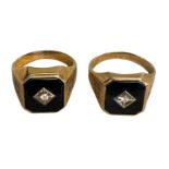 Two 10k gold marked gents signet rings, black enamel panels with central set single cut diamonds.