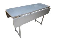 Grey metal table with fall flaps, 120cm x 46cm with flaps down; 120 x 81cm flaps extended; hinges