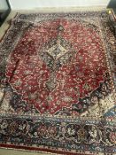 Large Tabriz rug, overall red ground with blue boarders, multi stylized pattern, 368cmLong x 294cm