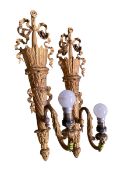 A pair of decorative gilded wall sconces, and a quantity of good classical column lamp bases, see