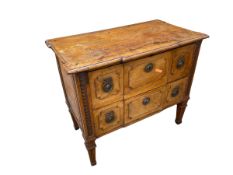 A Continental Fruit wood chest of two drawers on raised feet, 94cm W x 52 cm D x 79cm H, with wear