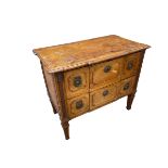 A Continental Fruit wood chest of two drawers on raised feet, 94cm W x 52 cm D x 79cm H, with wear