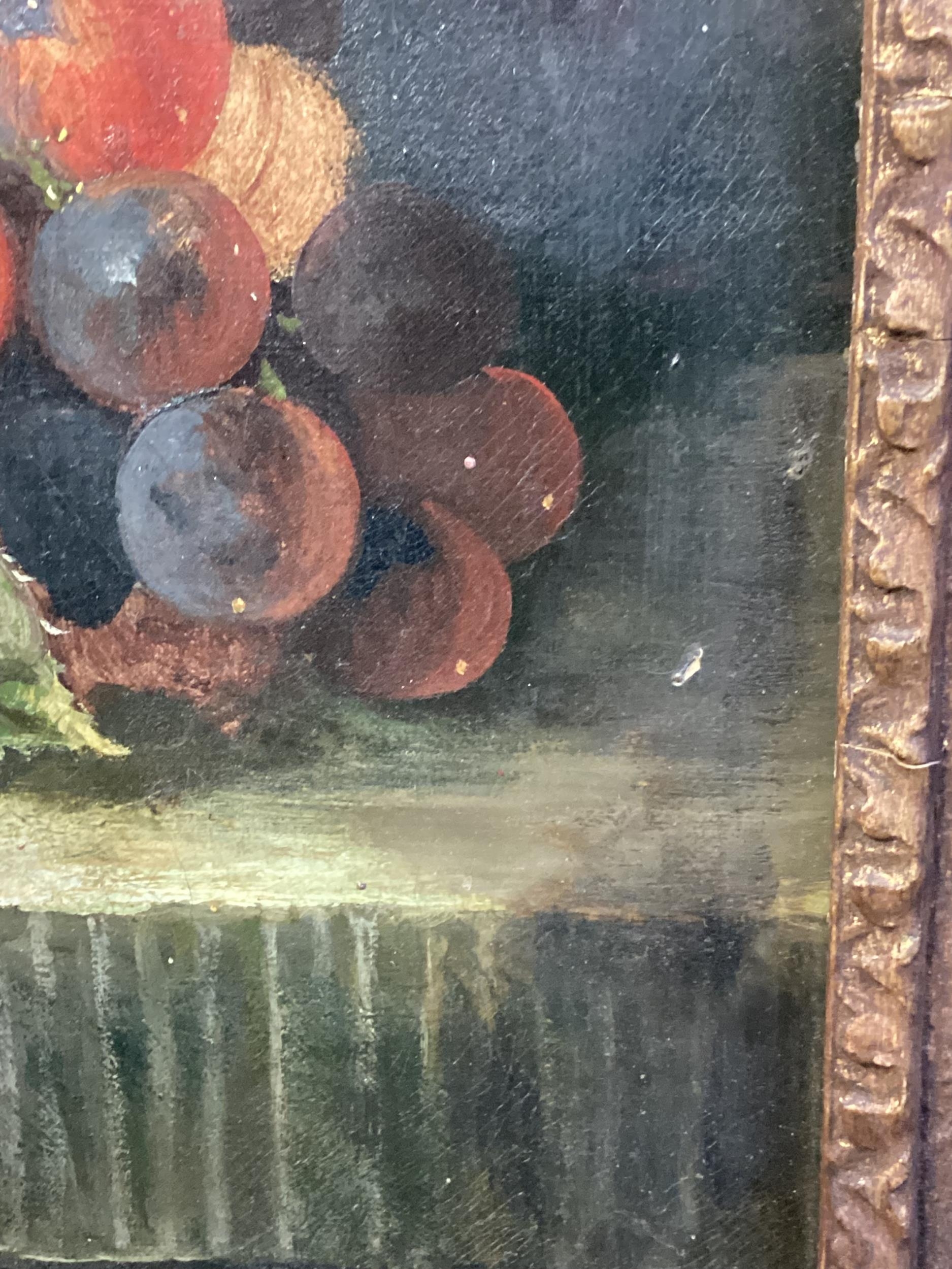 Late C19th oil on canvas still life of flowers, fruit and butterflies, in classical landscape, in - Image 3 of 7